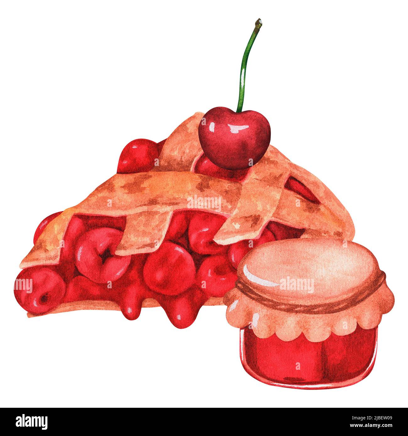 Cherry pie and jam. Watercolor illustration. Isolated on a white background. For your design. Suitable for cookbooks, recipes, aprons. Stock Photo