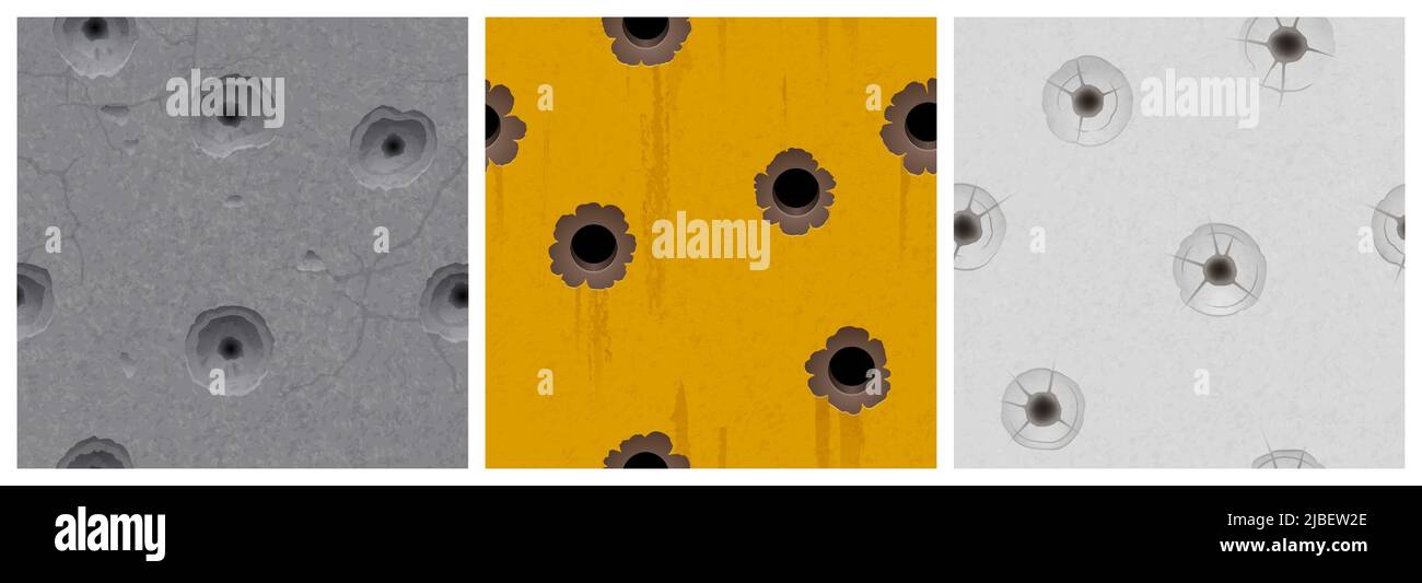 Wall textures with bullet holes of gun shots. Vector grunge seamless patterns of metal with orange paint, stone and concrete wall with bulletholes, orifices of gunshots Stock Vector
