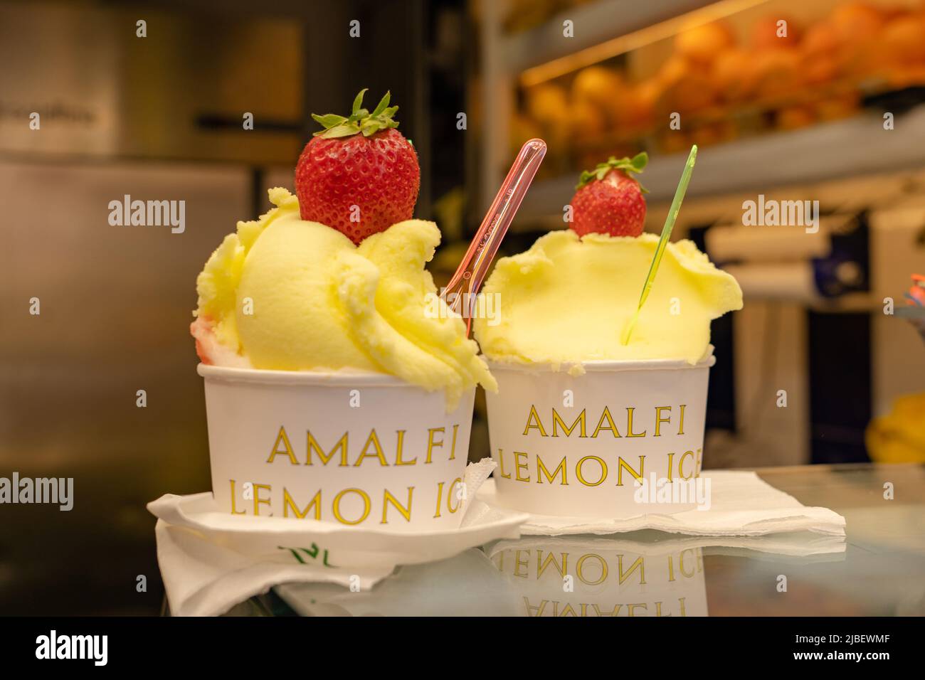 Lemon ice with strawberry is a  specialty with the best lemons from the  region in Amalfi, Italy Stock Photo
