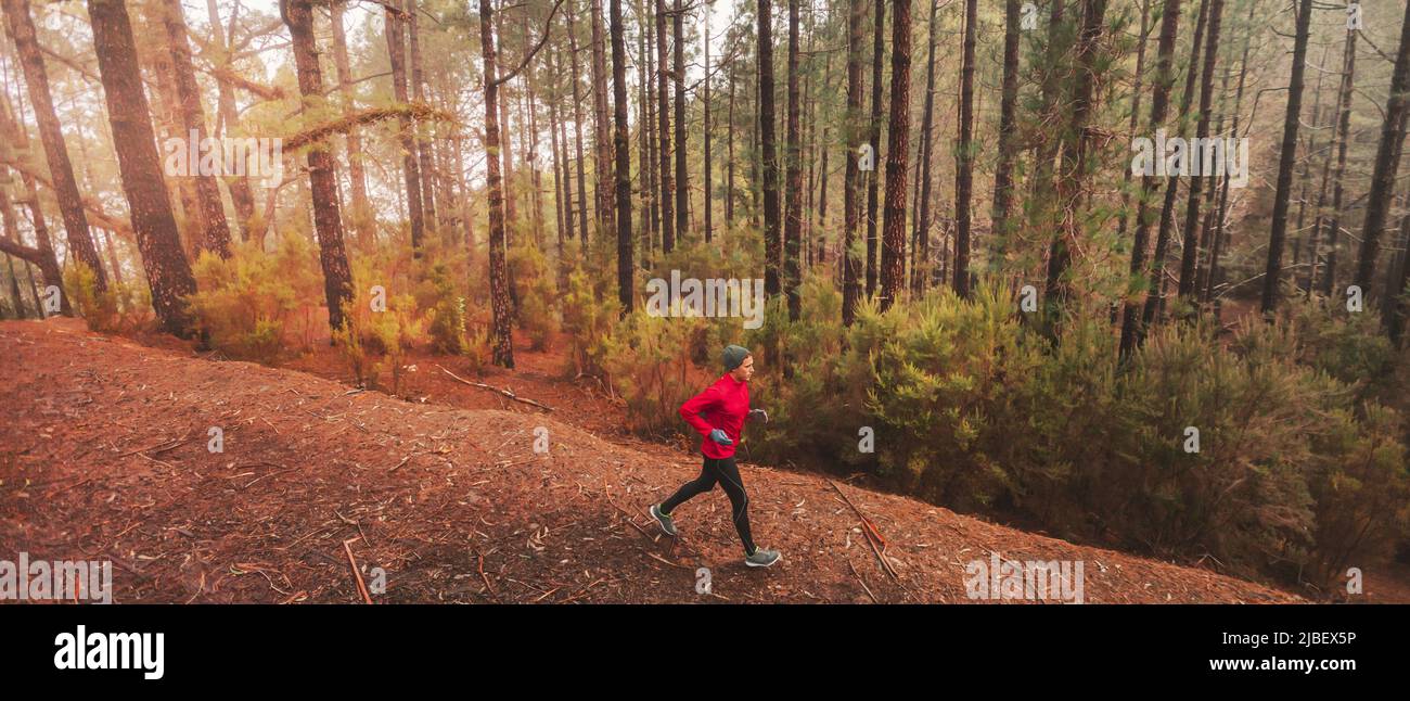 Running man athlete runner training outdoor on forest trail in cold autumn weather. Man active sports lifestyle lond distance endurance workout in Stock Photo