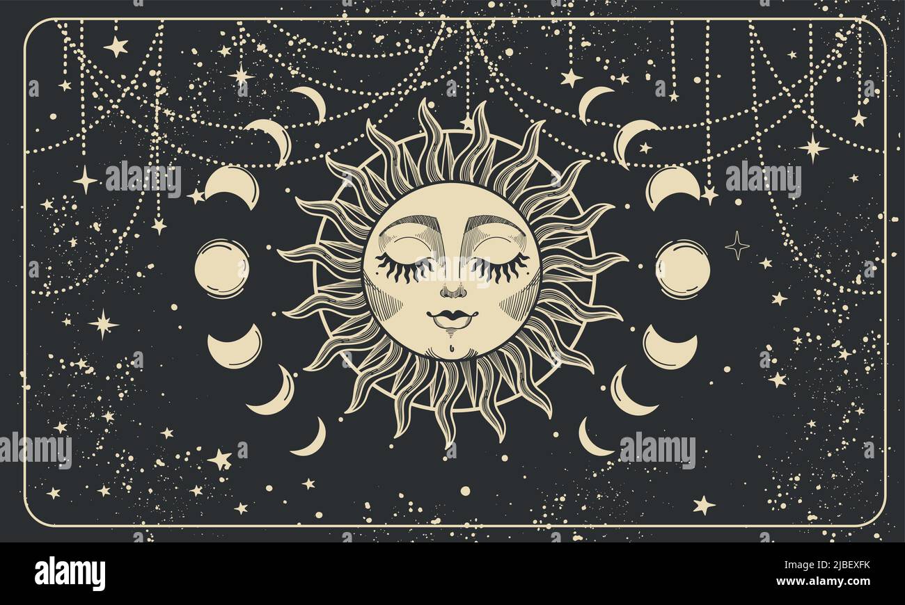 Aesthetic Boho Banner With Sun Face Moon Phases And Stars Pattern Magic Print For Astrology And Tarot Bohemian Design Tattoo Engraving Witch Cov Stock Vector Image Art Alamy Aesthetic Boho Banner With Sun Face Moon Phases And Stars Pattern Magic Print For Astrology And Tarot Bohemian Design Tattoo Engraving Witch Cov Stock Vector Image Art Alamy