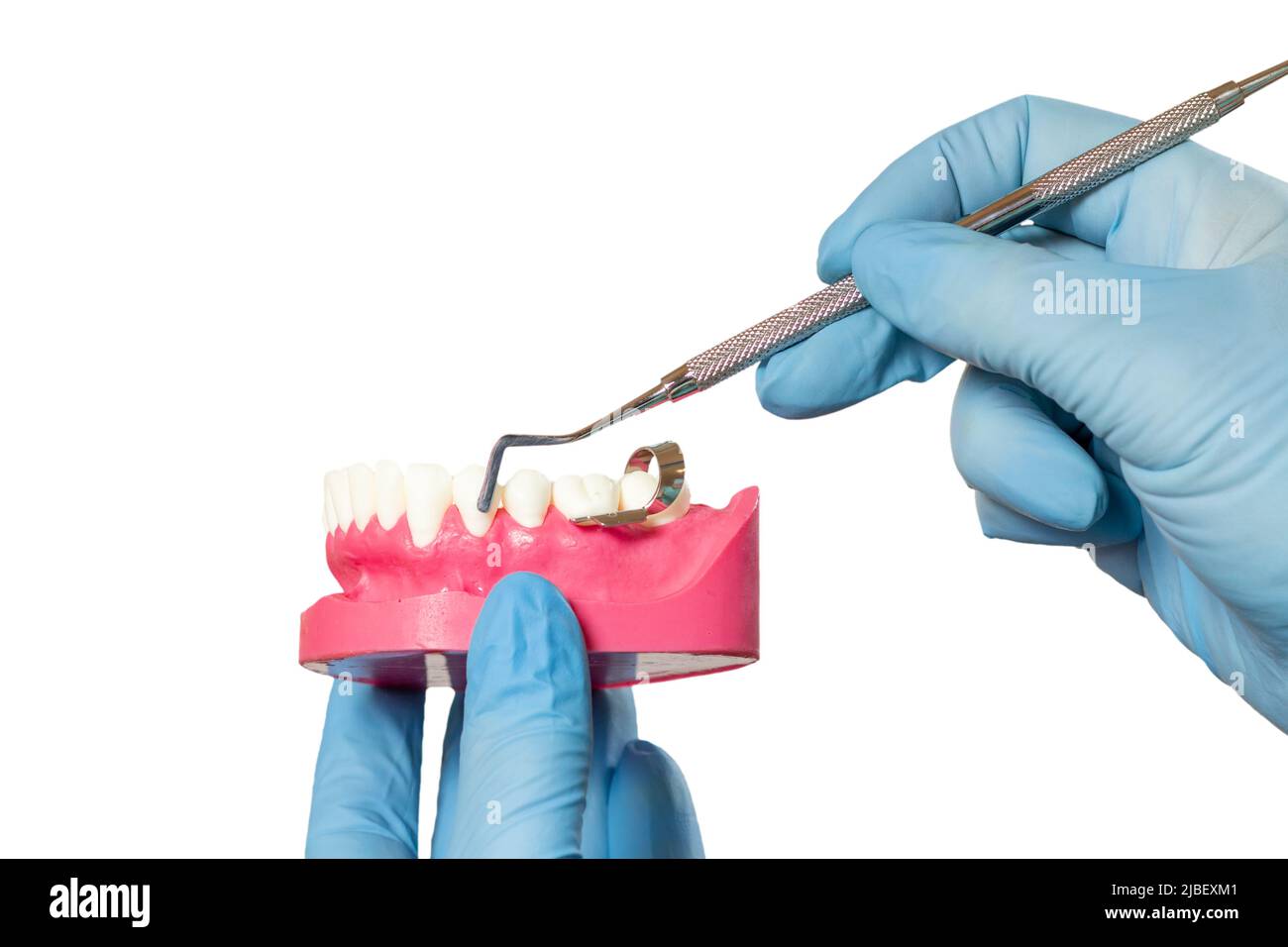 Closeup view of dentist's hands in latex gloves with a layout of the