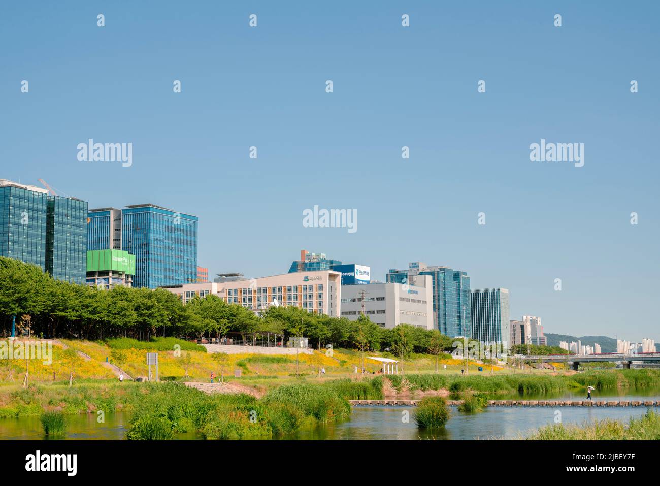 Seoul, Korea - June 1, 2022 : Anyangcheon stream park and Gasan Digital Complex Stock Photo