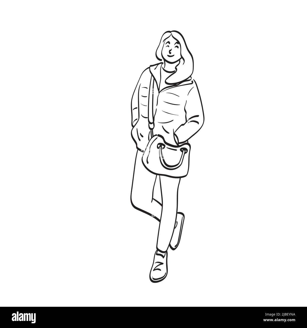 line art smiling woman with bag standing on one leg illustration vector hand drawn isolated on white background Stock Vector