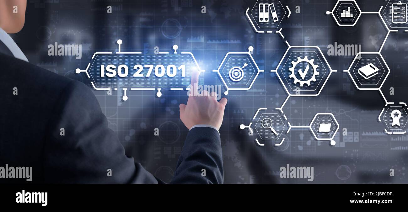 ISO 27001. International information security standard. Concept of ISO standards quality control warranty Stock Photo