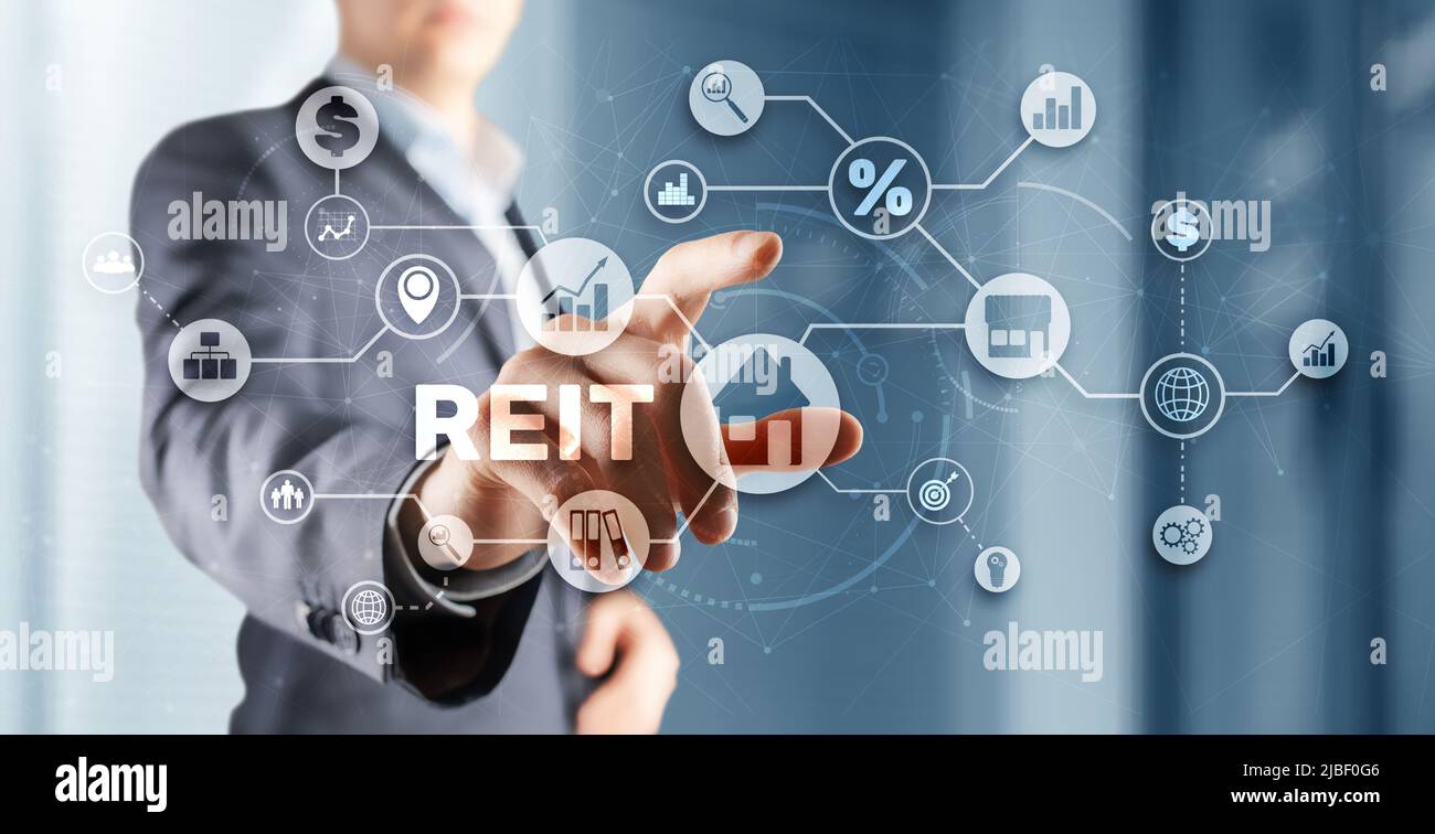 REIT. Real estate investment trust. Financial Market. Hand pressing button on screen Stock Photo