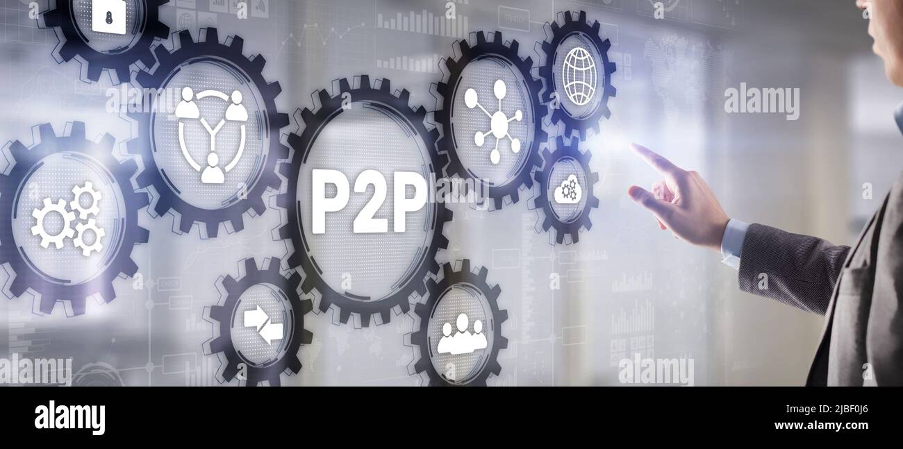 Businessman presses button p2p peer-to-peer on virtual interface Stock Photo