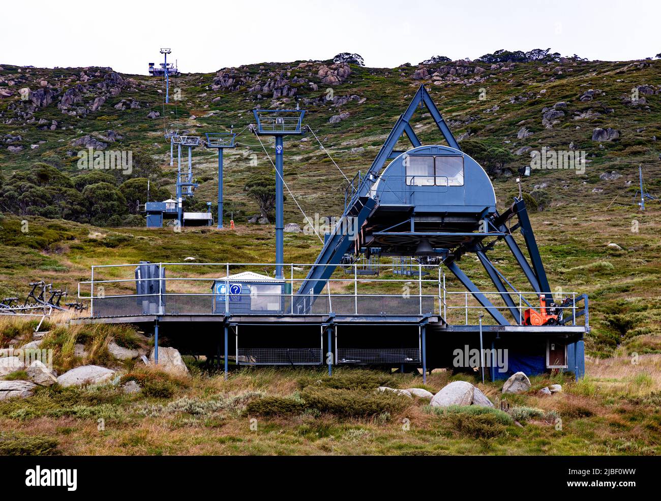 Ski lift ready for snow season at Charlotte Pass in Snowy Mountains region of New South Wales Stock Photo