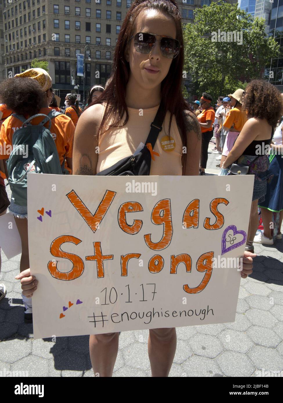 Moms Demand Action for Gun Sense rally on June 4, 2022 at Foley Square in NYC. Survivor of 2017 Las Vegas mass shooting. Stock Photo