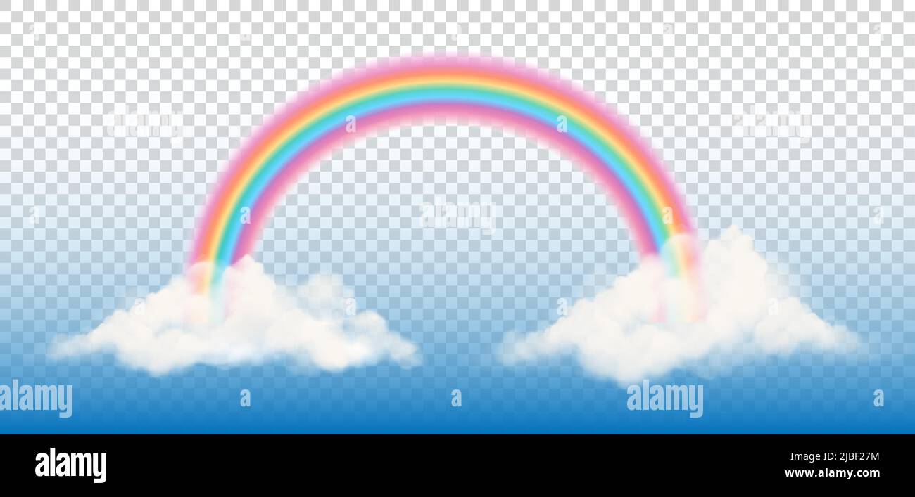 Fantasy rainbow with clouds on transparent background. Arched realistic spectrum. Vector. Stock Vector