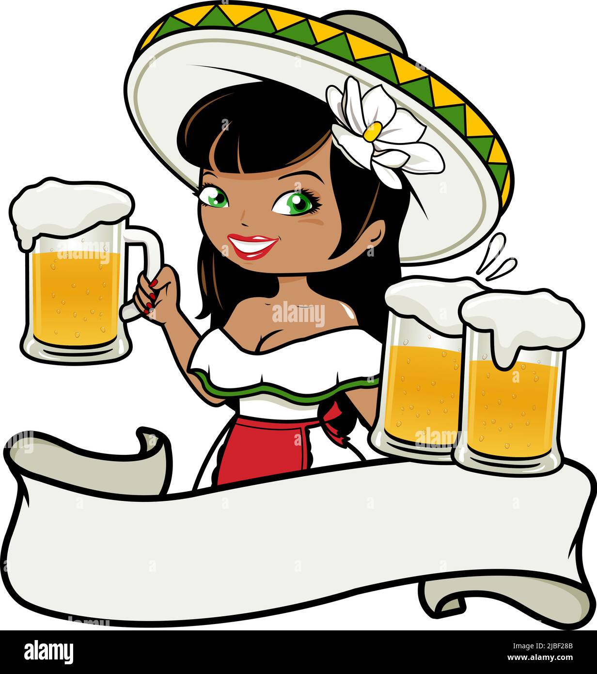 Mexican waitress serving beer. Vector illustration Stock Vector