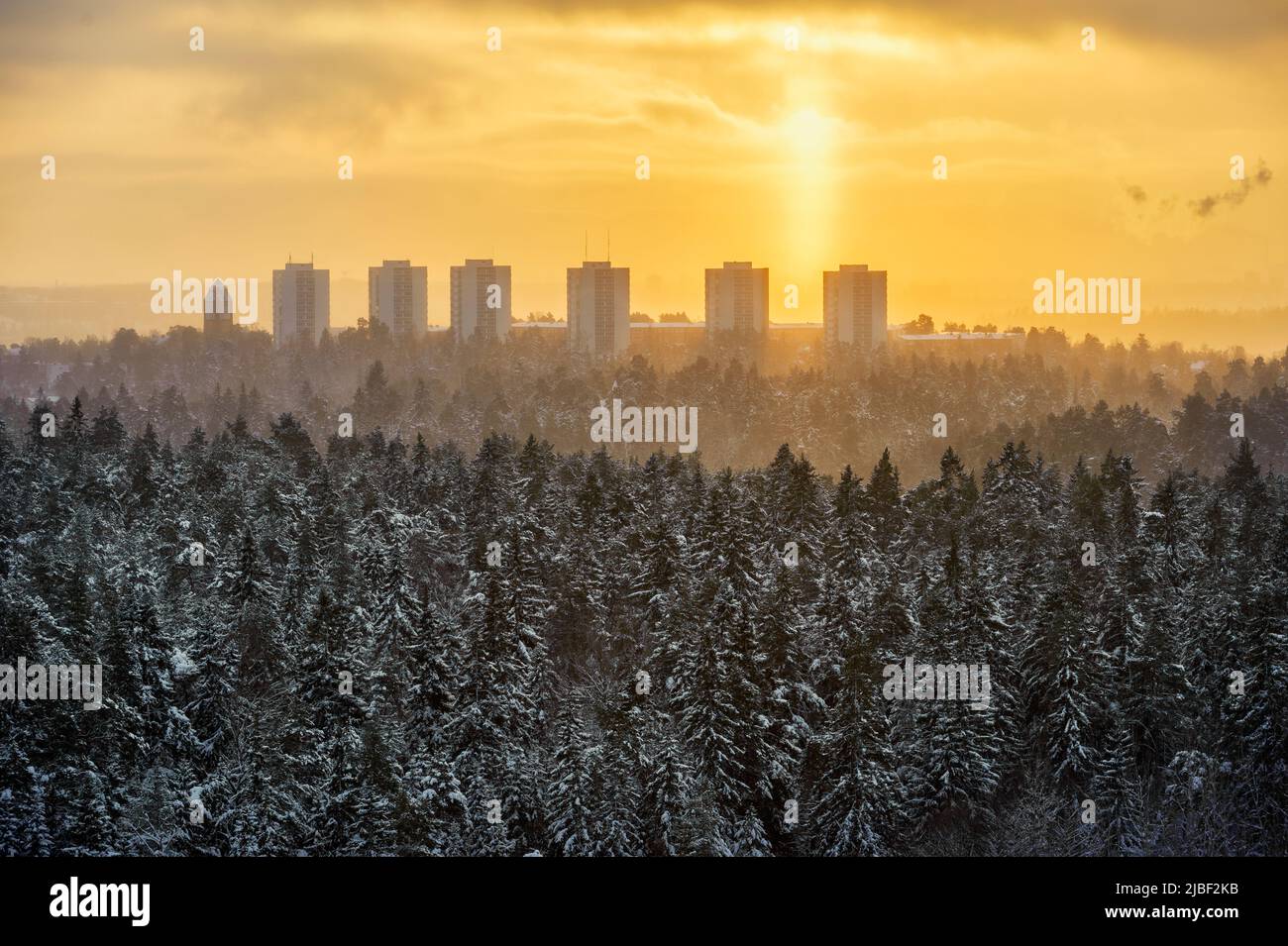 Snow covered forest by apartment buildings at sunset in Lidingo, Sweden Stock Photo