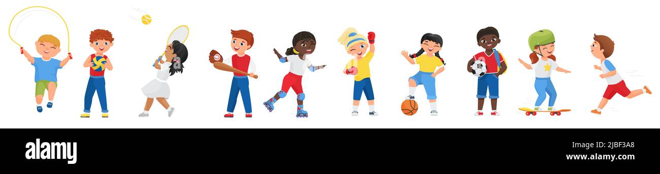 Kids doing sports exercises set vector illustration. Cartoon cute happy boy  girl run, child play football soccer, baseball and tennis, jump rope,  active young children characters isolated on white Stock Vector Image
