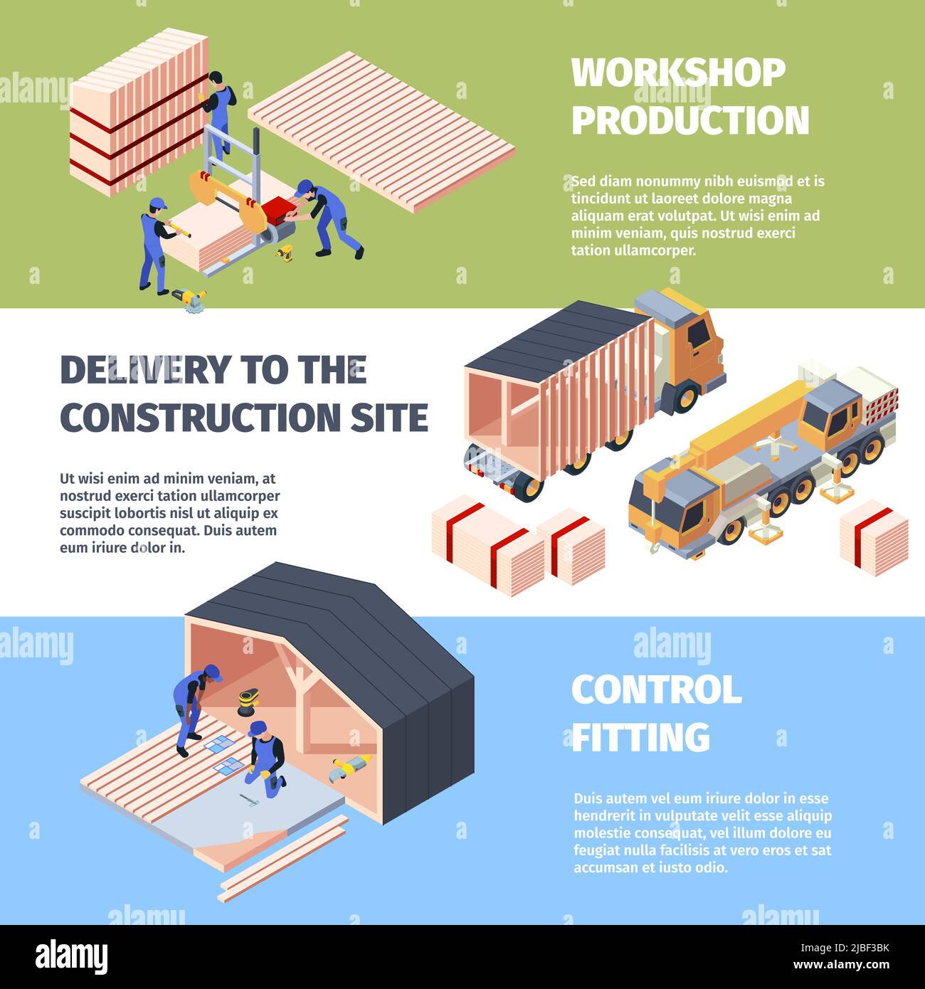 Construction banners. Modular building under construction stages garish vector template with place for text Stock Vector