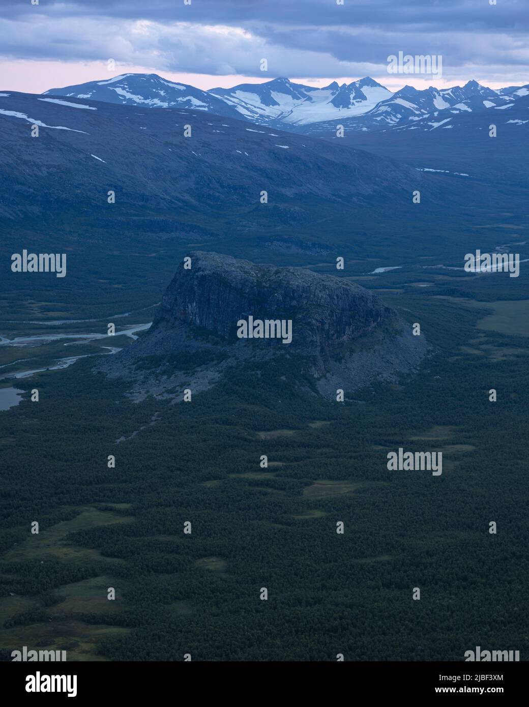Mountain and river in Rapa Valley in Sarek National Park, Sweden Stock Photo