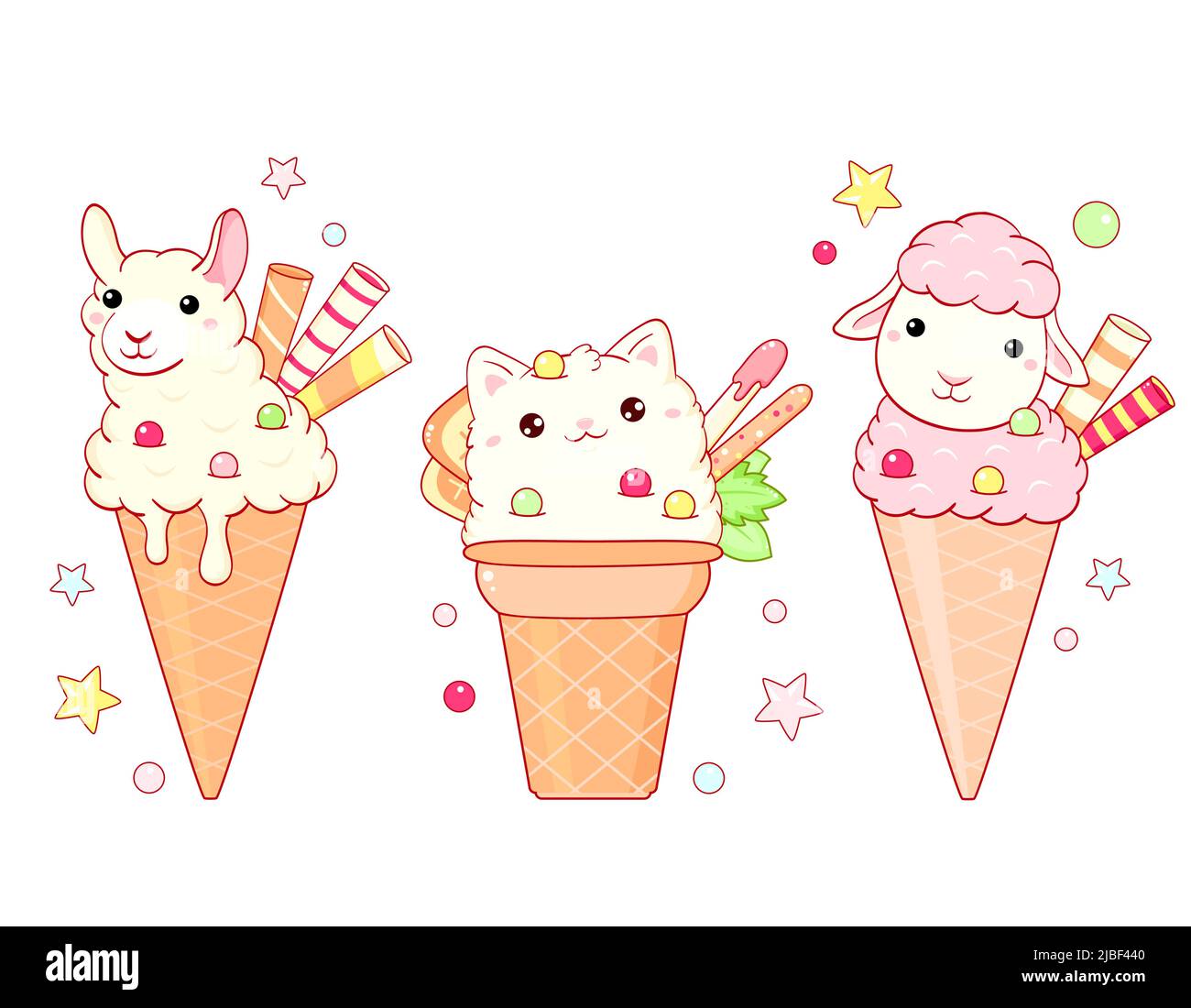 Set of animal-shaped ice cream in kawaii style for sweet design. Sundae, gelato in waffle cone. Cute summer food collection. Ice cream in the shape of Stock Vector