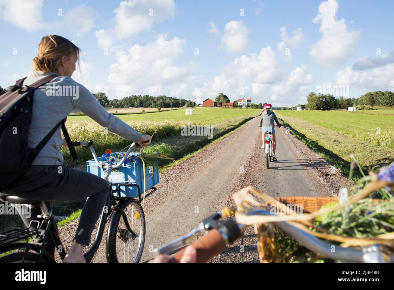 Family cycling on rural road Stock Photo