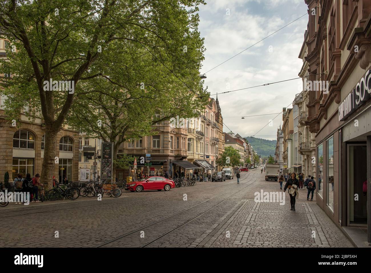 Street with shops and buildings in the historic old town, Freiburg