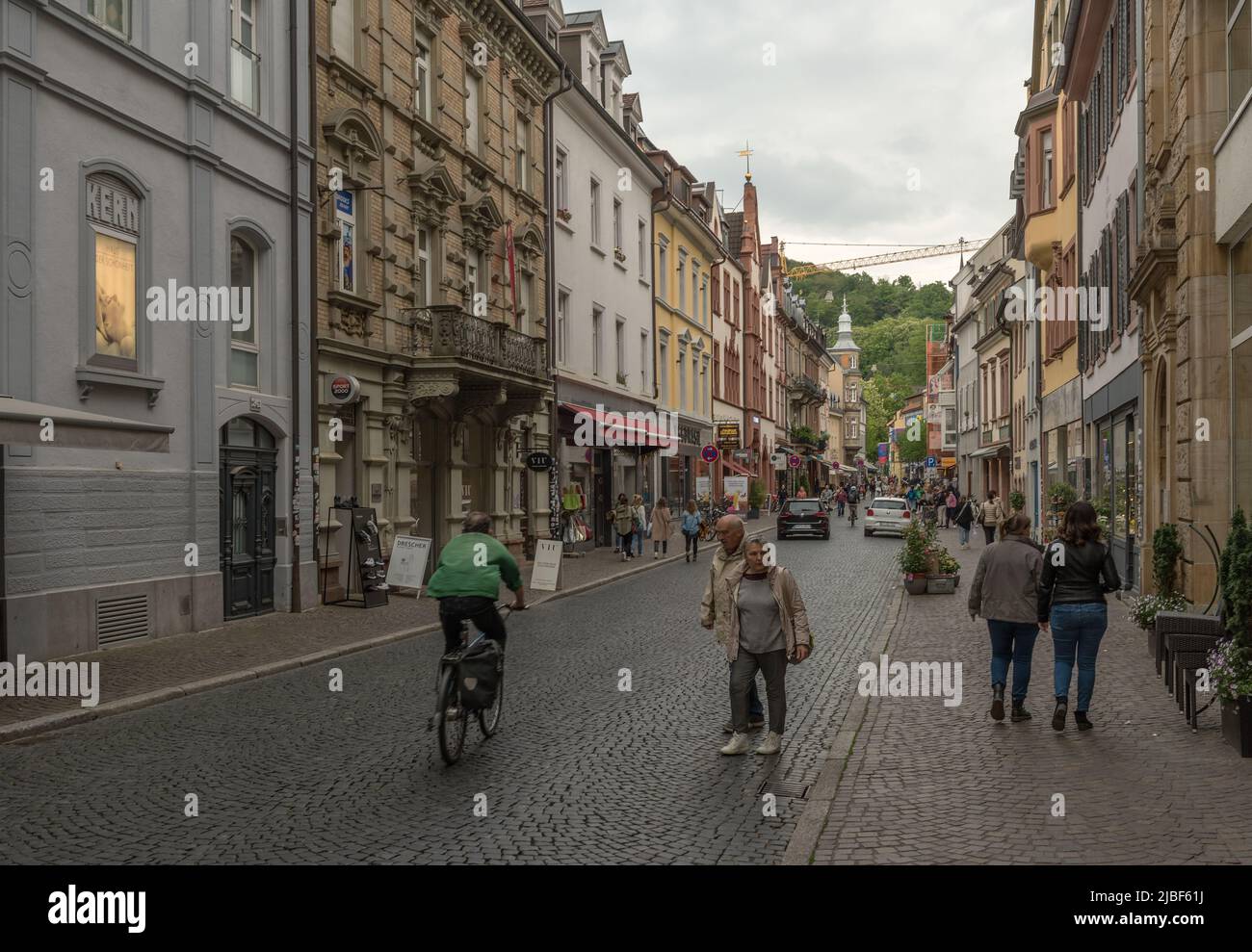 Street with shops and buildings in the historic old town, Freiburg