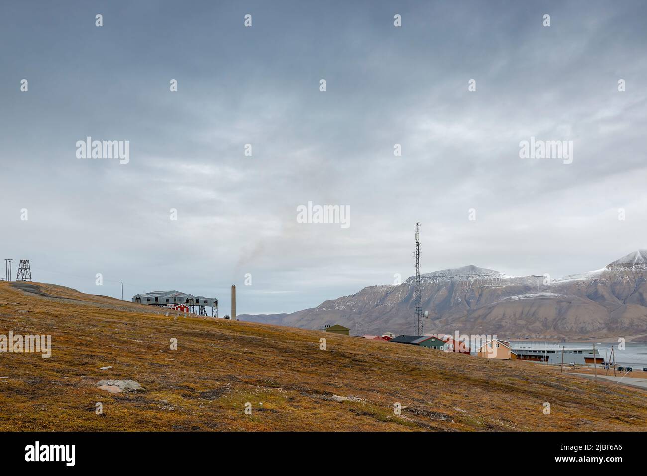 Mining village on mountain in Svalbard, Norway Stock Photo