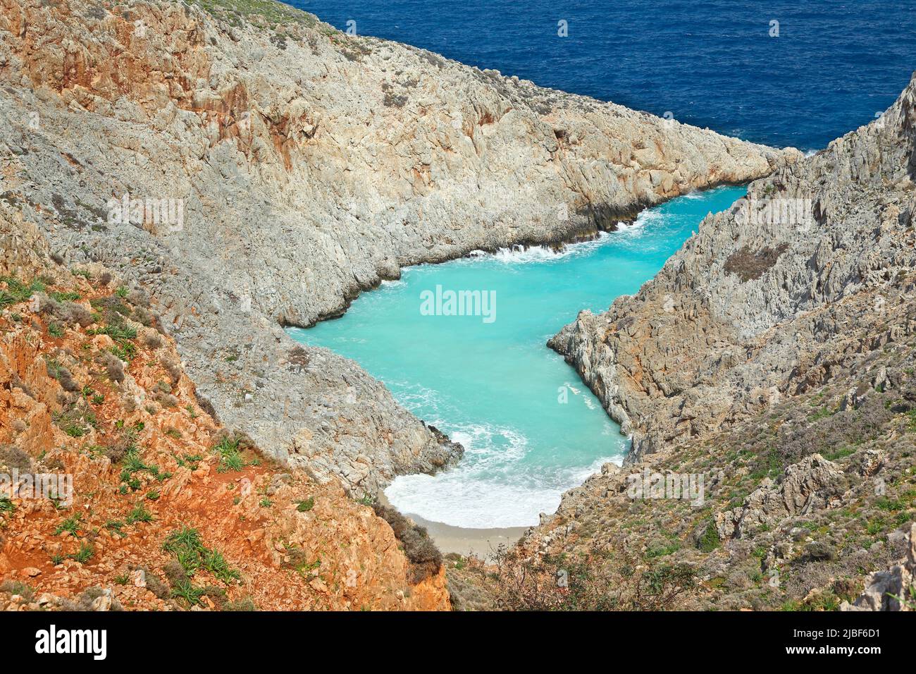 Amazing beach of Seitan Limania, a famous, magical shore of turquoise waters. Located in Akrotiri peninsula, very close to Chania town, in Crete islan Stock Photo