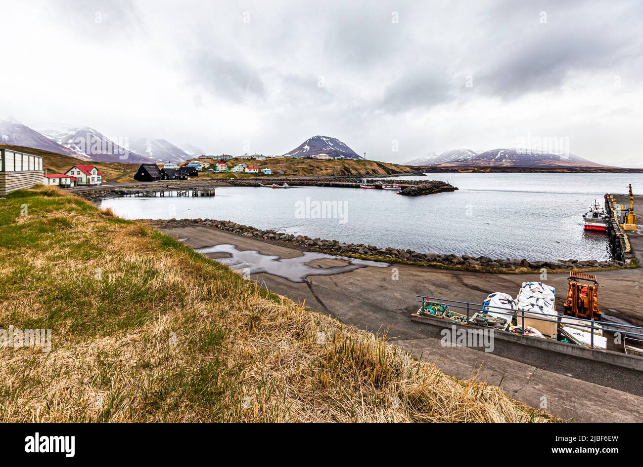 Hofsós is a small village at he east cost of Skagafjörður. The village is one of the oldest trading posts of the country and the population is about 170. From here 20,000 people left Iceland between 1850 and 1914 to make a new life in North America Stock Photo