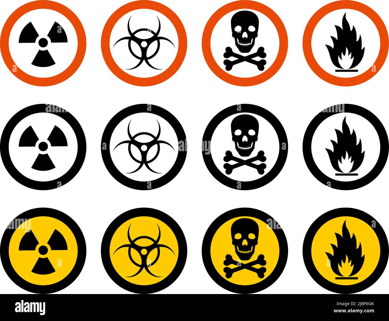 Dangerous concept. Set of different signs of chemical, radioactive, toxic, poisonous, hazardous substances. Vector illustration Stock Vector