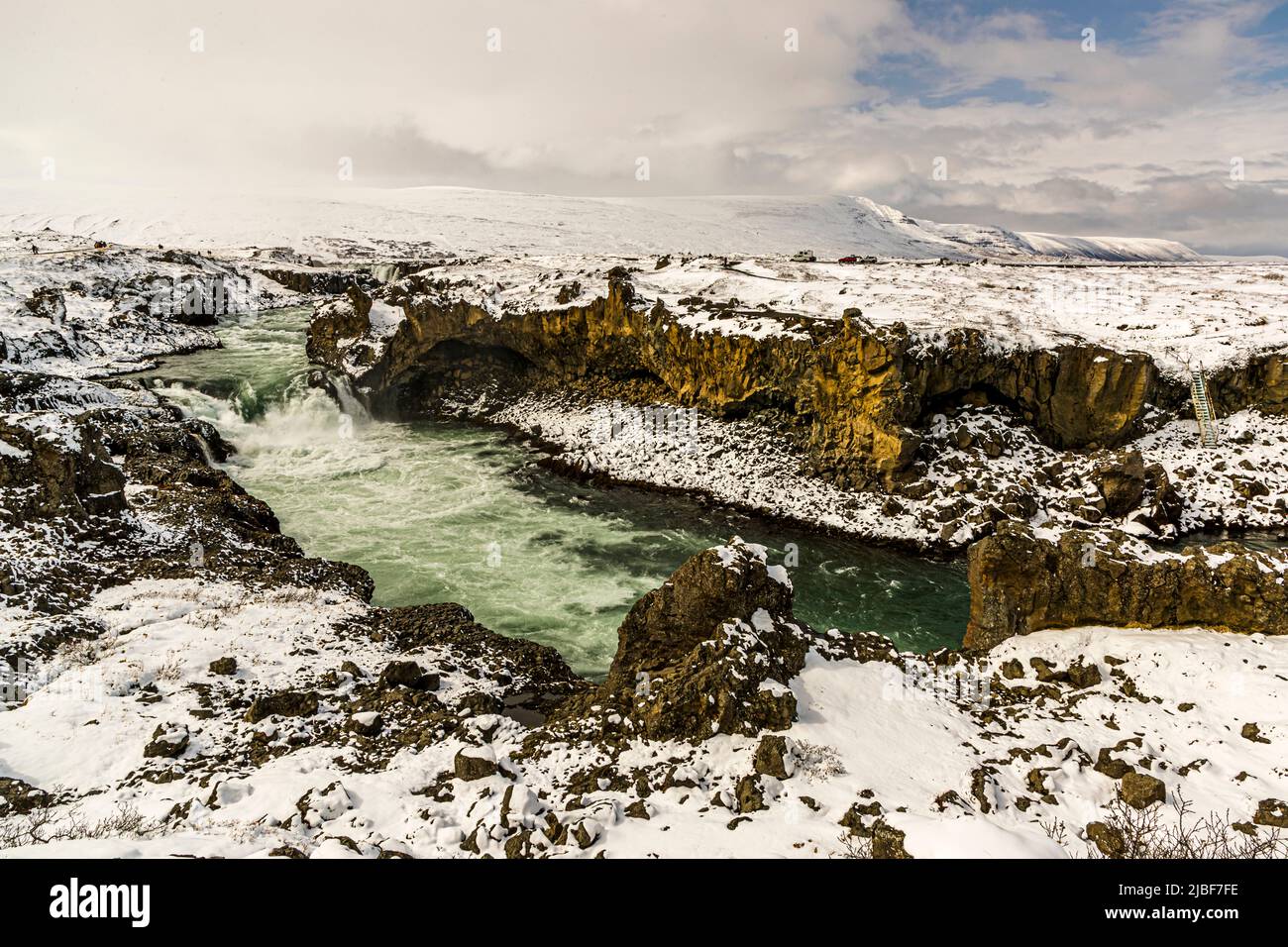 Snowy Goðafoss waterfall in Iceland Stock Photo