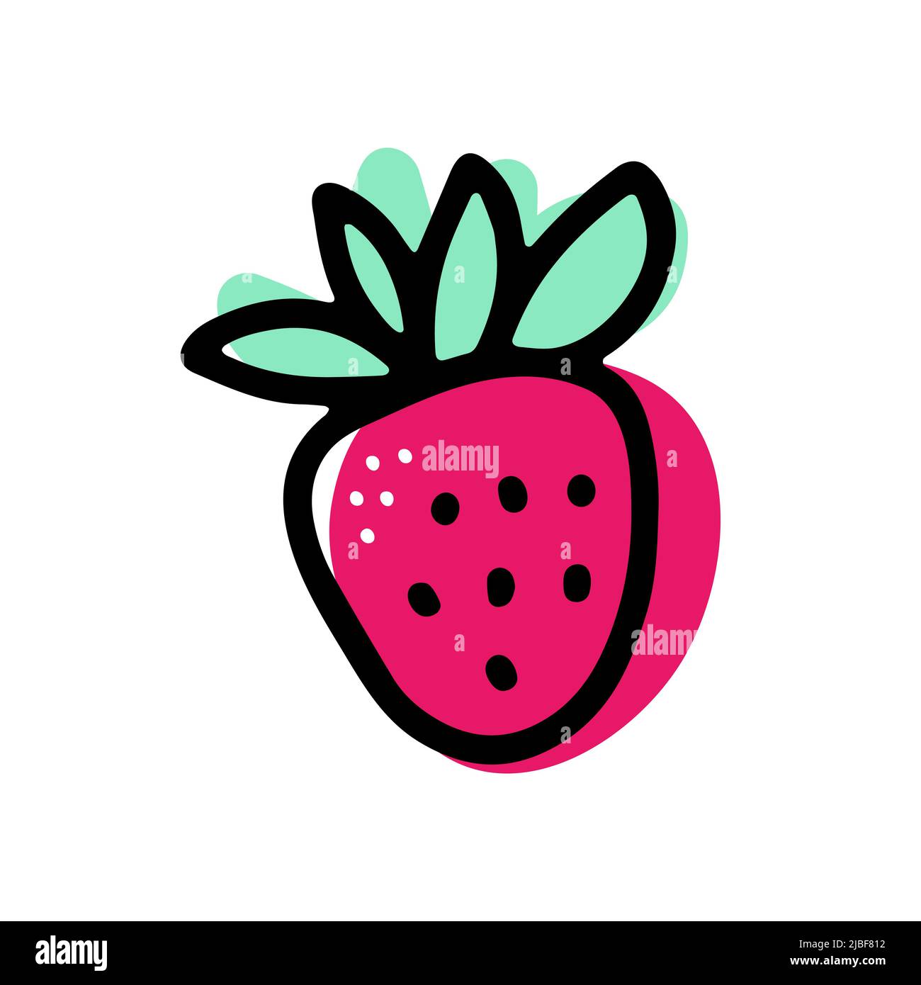 Doodle ripe strawberry. Pink berry with leaves isolated on white background. Hand-drawn fruit. Symbol of summer, healthy raw food, gardening, market. Stock Vector