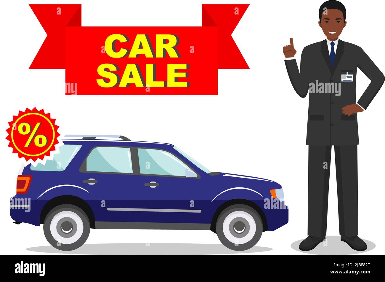 Smiling salesperson showing the car. Auto business car sale concept. Detailed illustration of