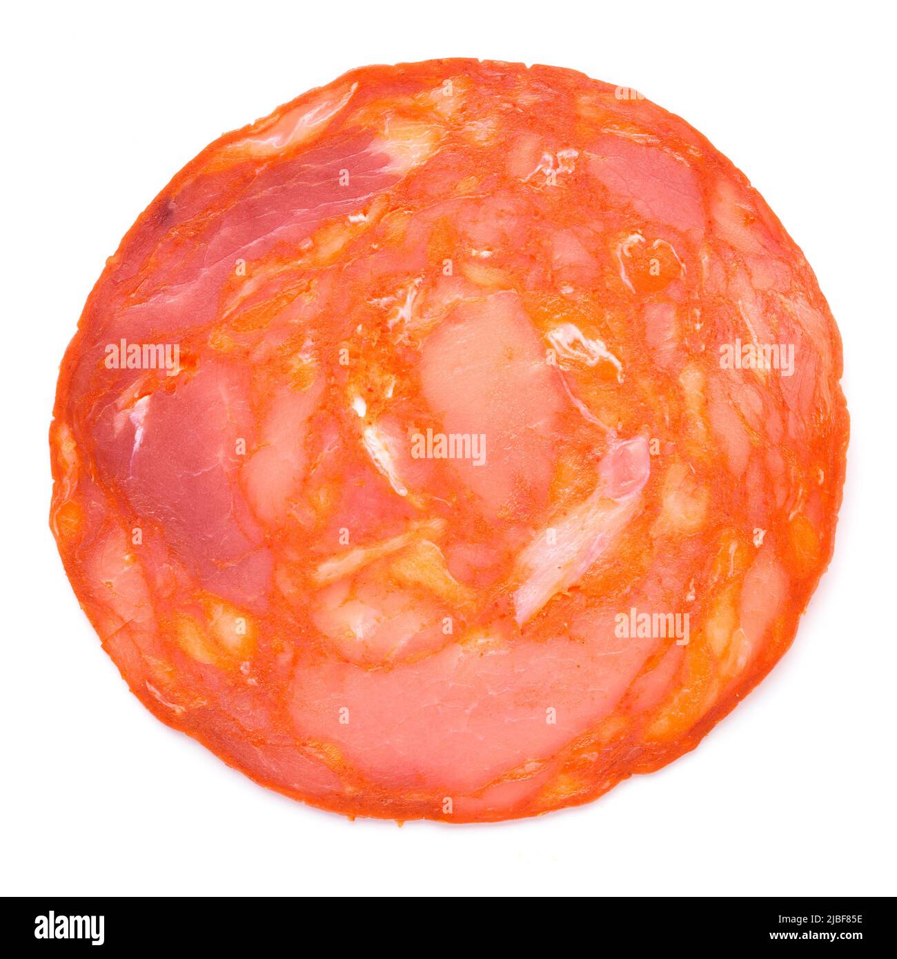 One spanish chorizo salami sausage slice, with pork meat and paprika, isolated on white