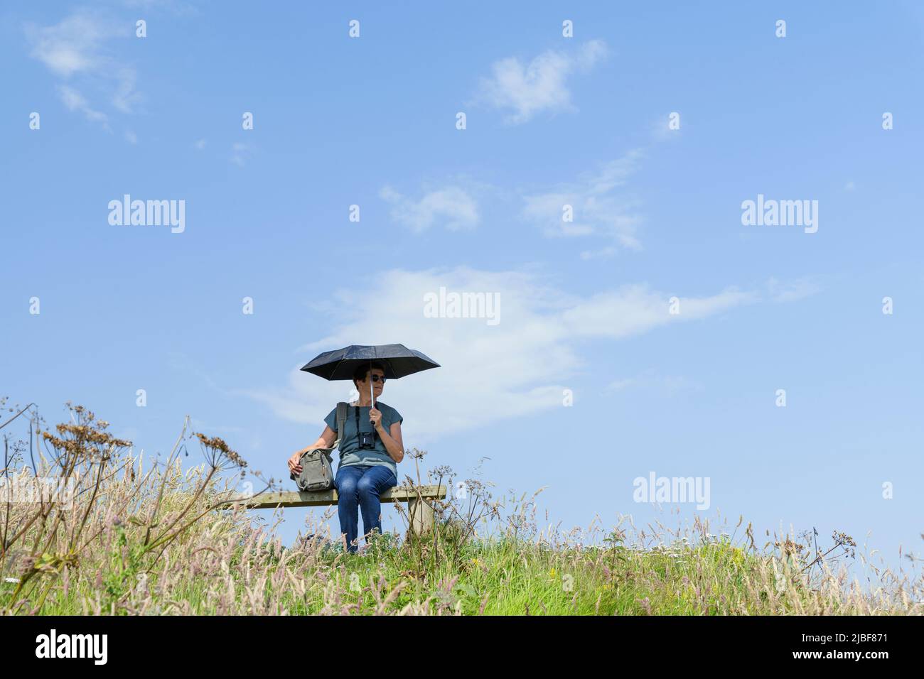 Senior woman with umbrella sitting on bench on hill Stock Photo