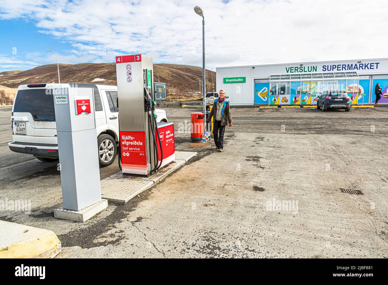 In sparsely populated Iceland, almost all gas stations have self-service machines. At some there is a small store (Krambúðin) Stock Photo