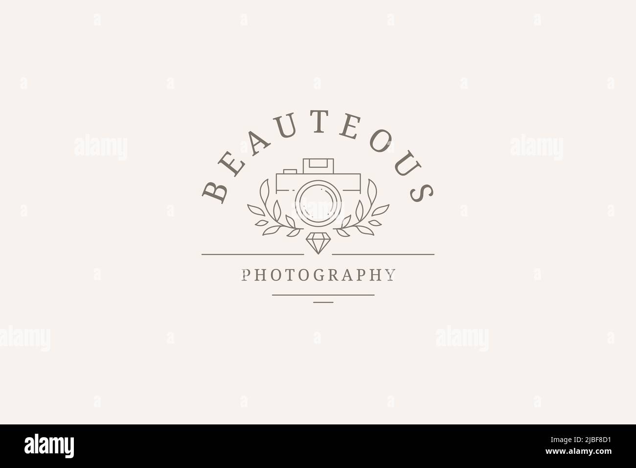 Minimalist premium photo video camera botanical laurel wreath and gem diamond line art logo vector illustration. Monochrome luxury professional photog Stock Vector