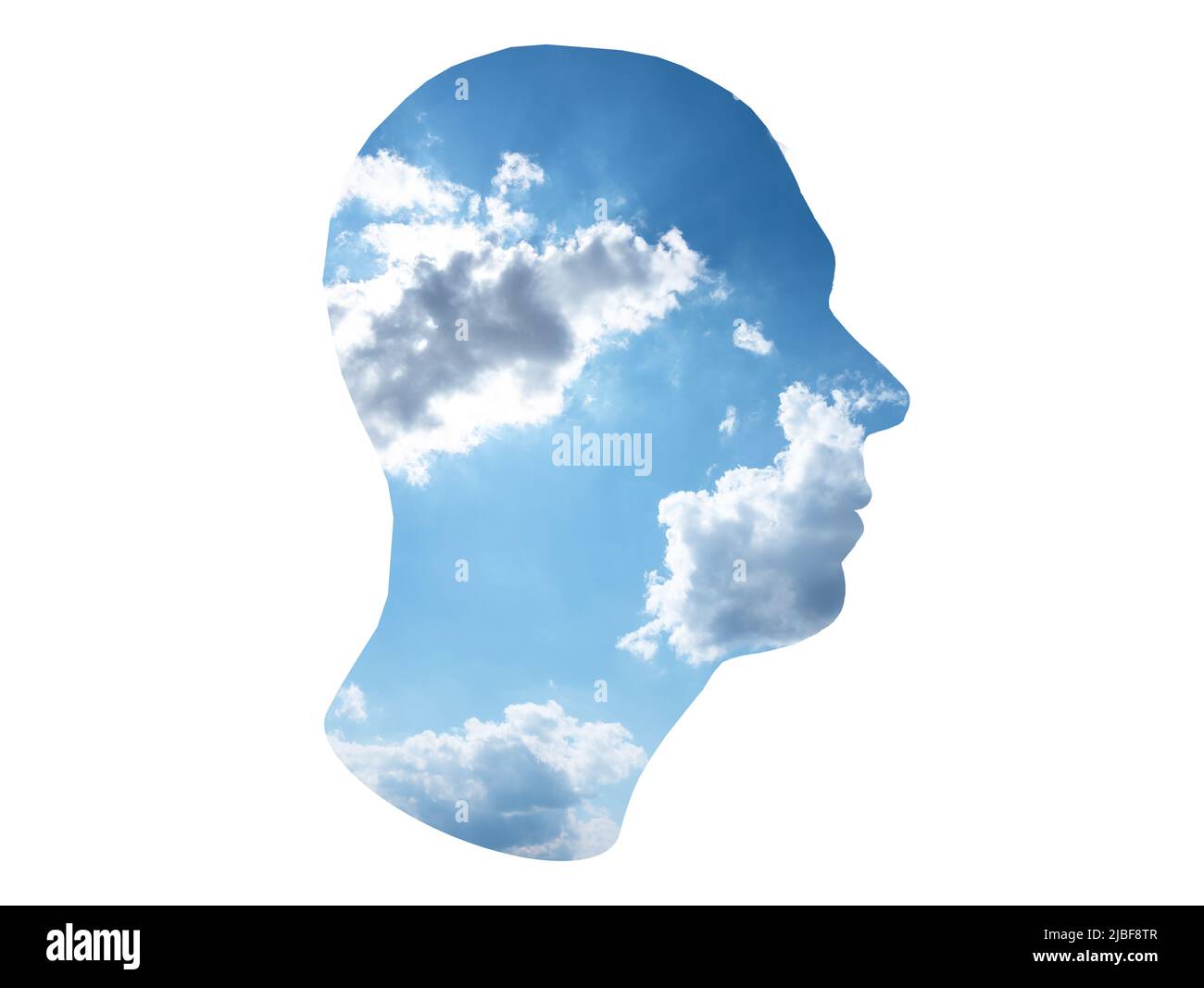 Dreamer. Man head with clouds isolated on white background. Person with good imagination thinking about fantastic, desired things. High quality photo Stock Photo