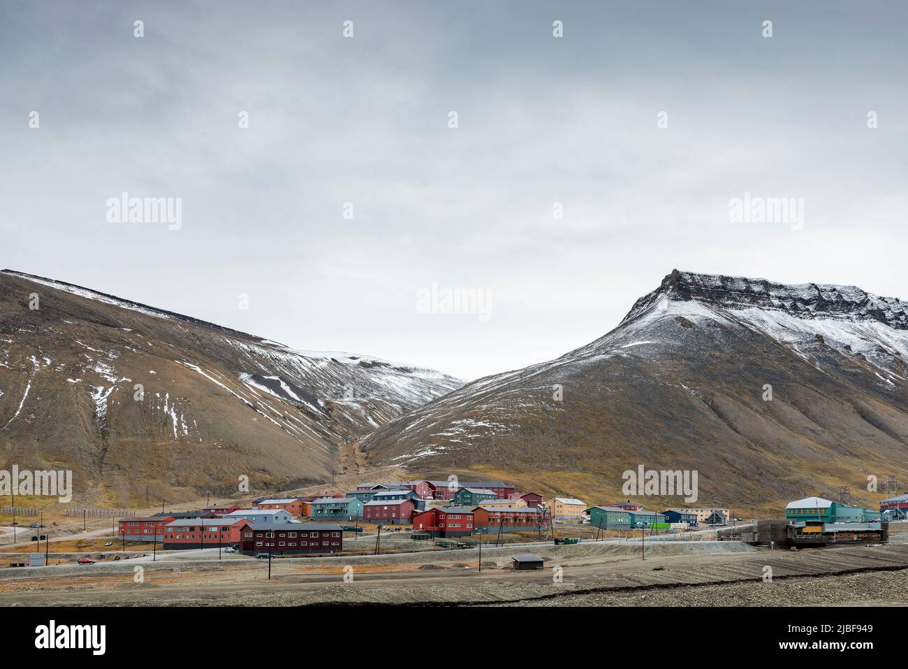 Village by mountains in Svalbard, Norway Stock Photo