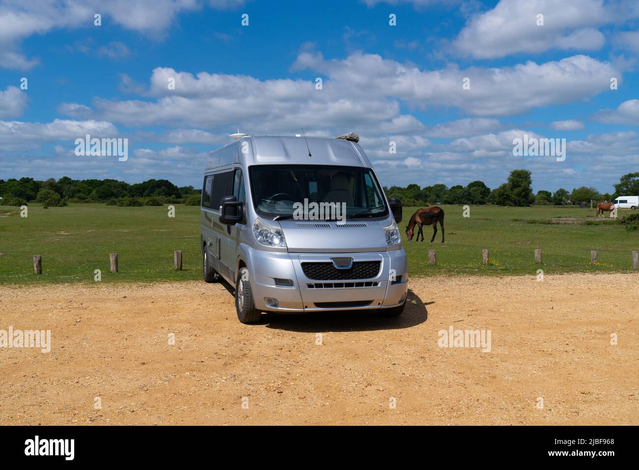 Camper van conversion by green field with pony and blue sky in summer ...