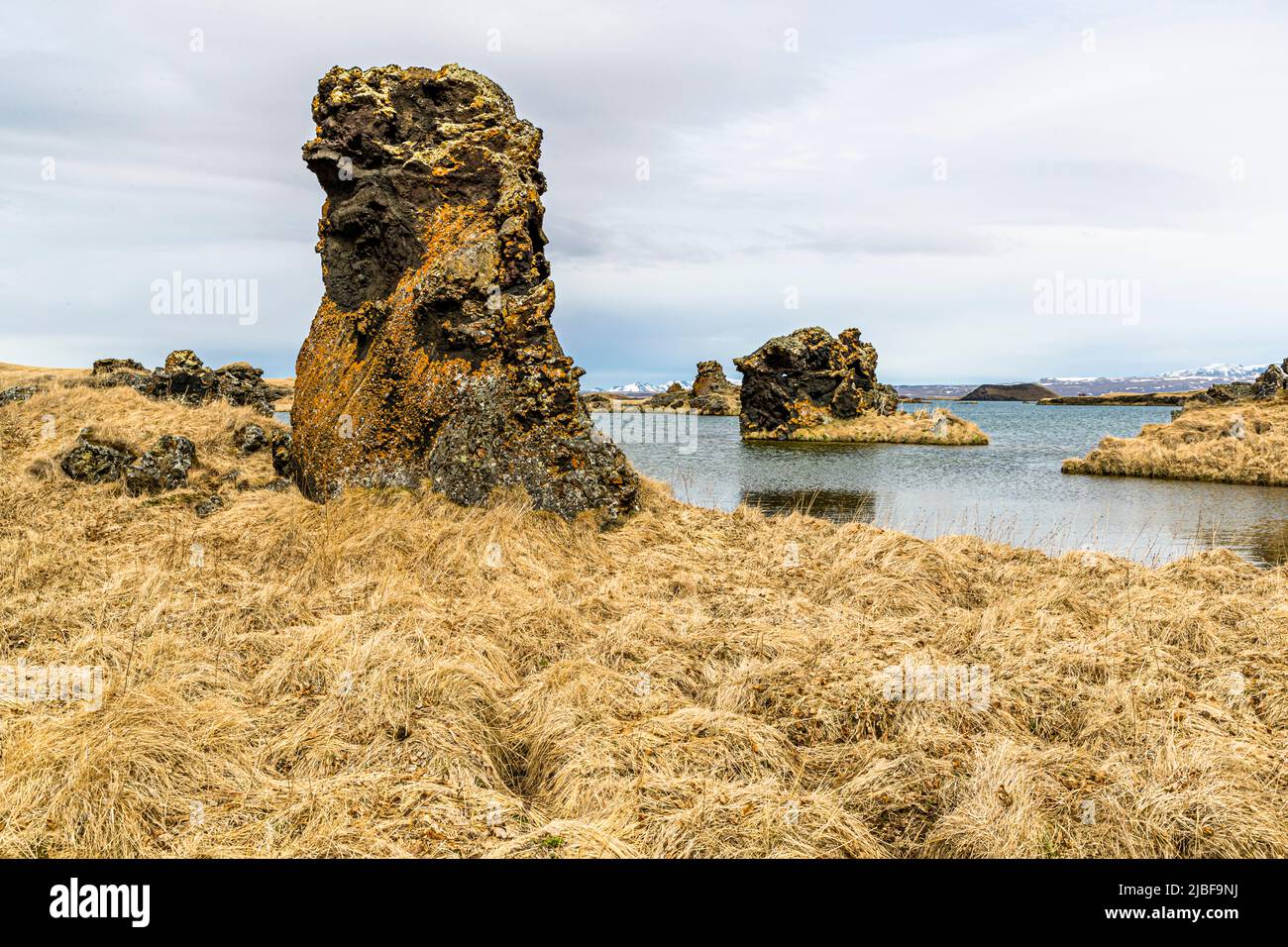 Rock formations (Guð fingur) in the Skutustadhir area of Lake Myvatn, Iceland Stock Photo