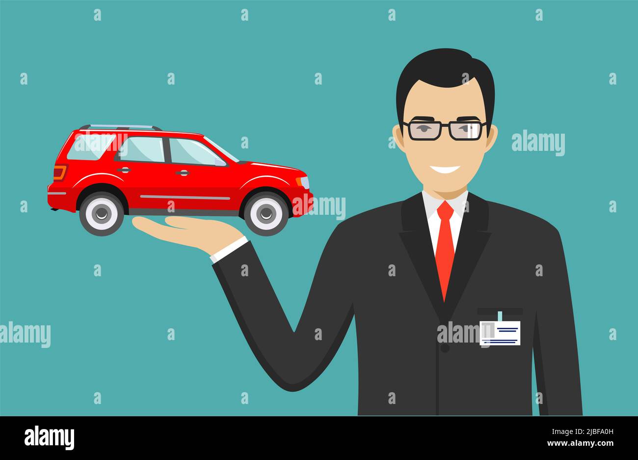 Smiling salesperson showing the car. Auto business car sale concept