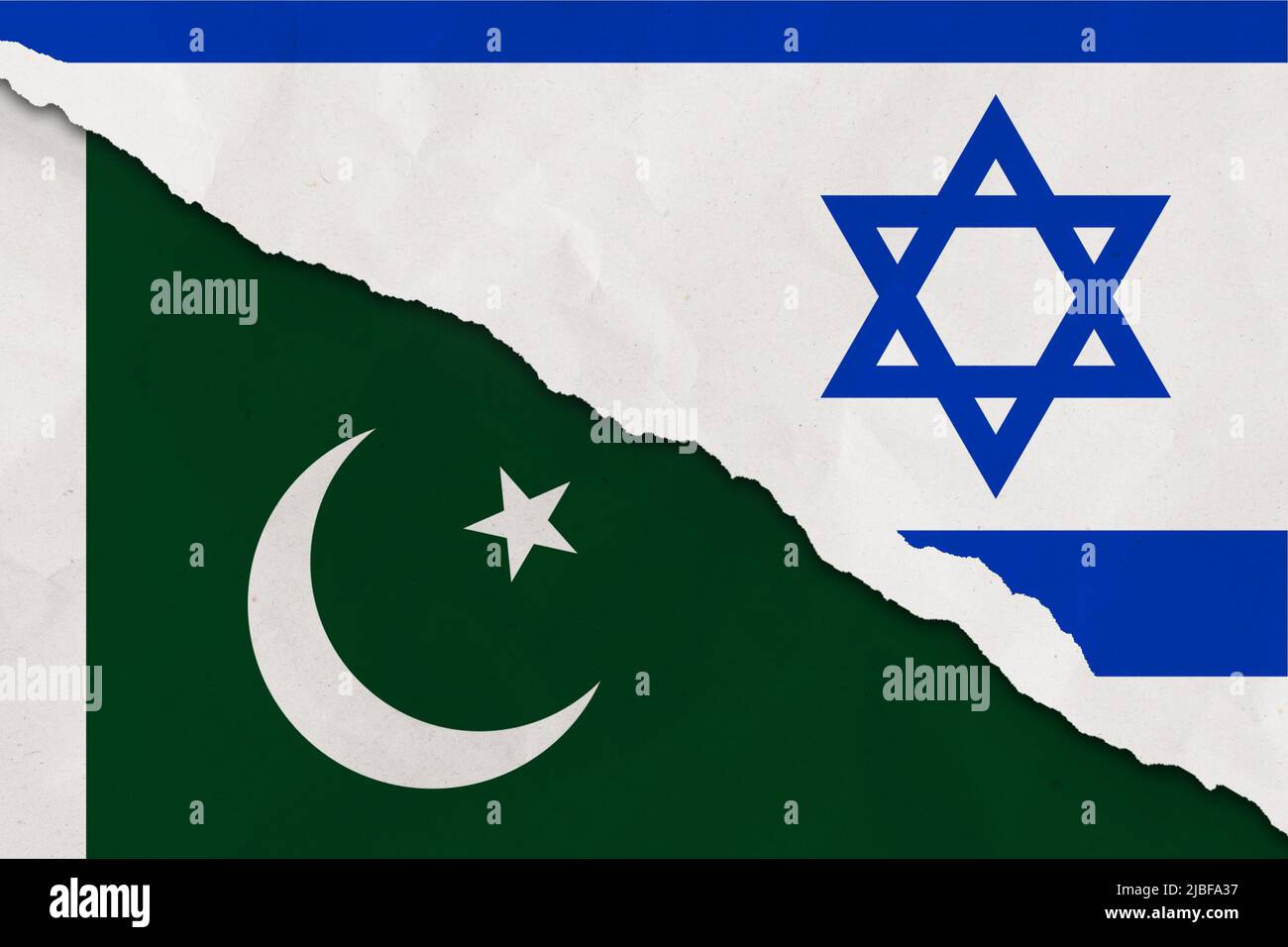 Israel and Pakistan flag ripped paper grunge background. Abstract Israel and Pakistan economics, politics conflicts, war concept texture background Stock Photo