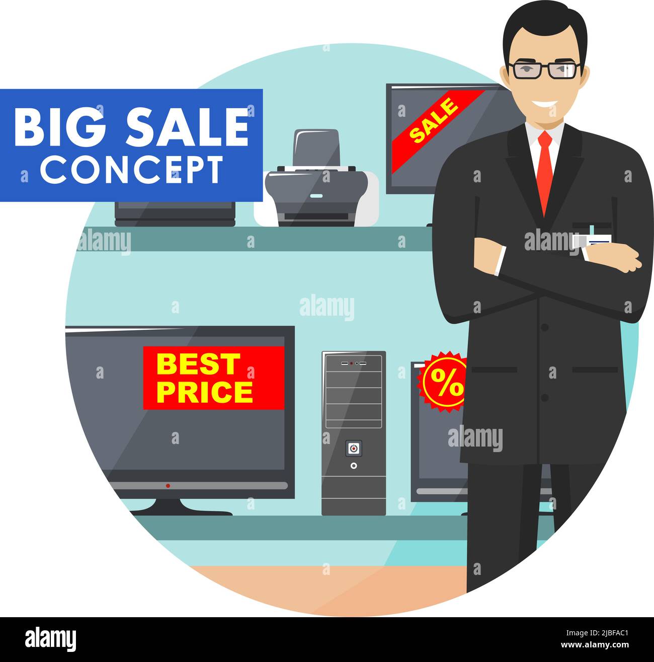 Big sale concept. Detailed illustration of the seller on the background