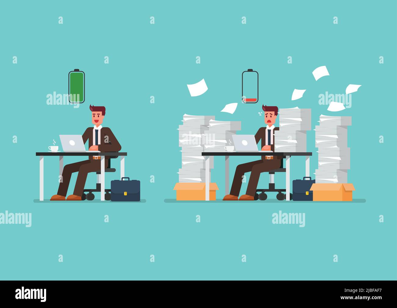 Full battery man and low battery man sitting at table with laptop and pile of papers. Vector illustration Stock Vector