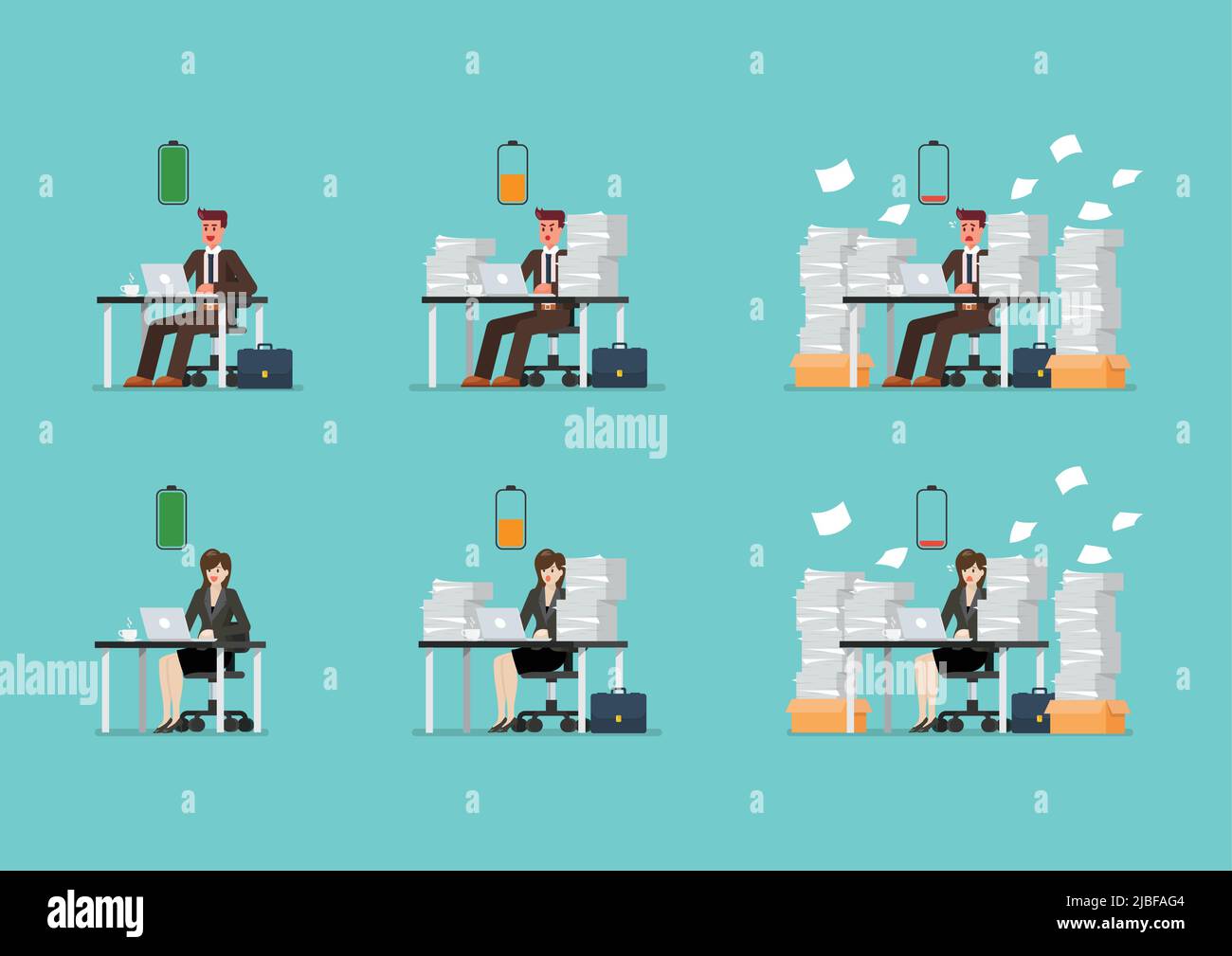 Energy of workers in office concept. Full battery workers and low battery workers sitting at table with laptop and pile of papers. Vector illustration Stock Vector