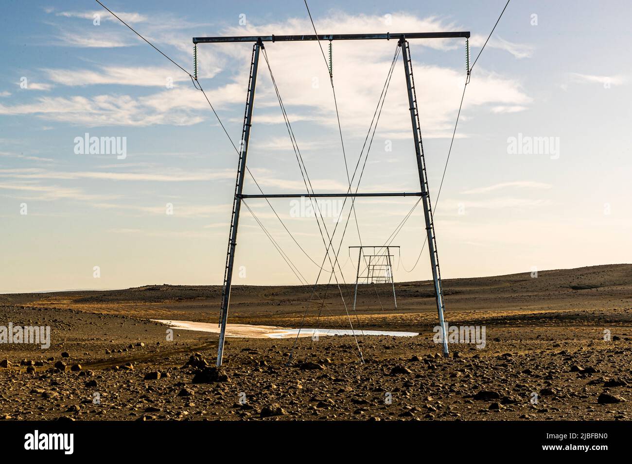 Overhead line for electricity in Iceland Stock Photo