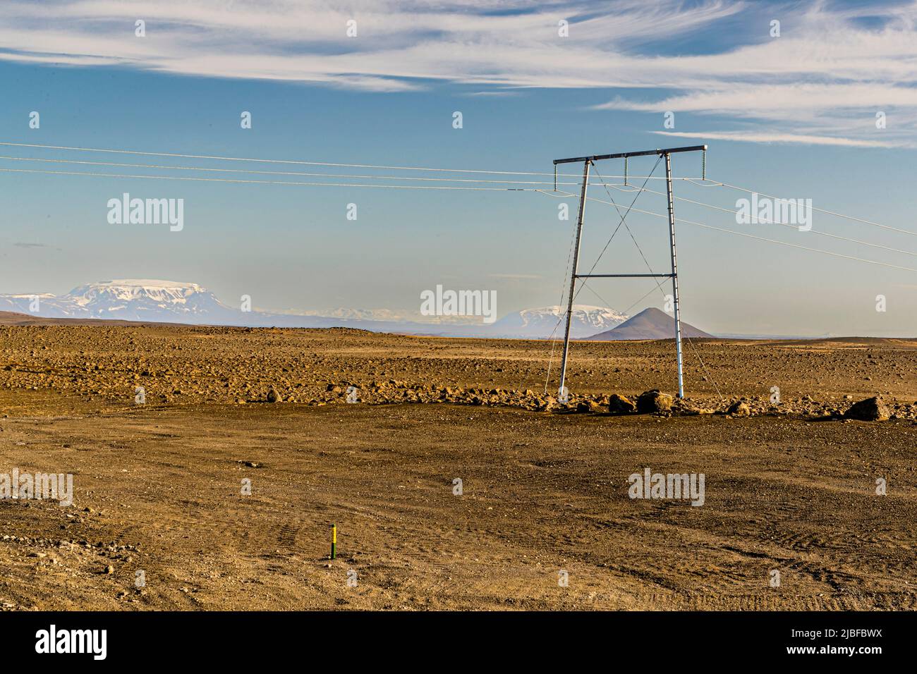 Overhead line for electricity in Iceland Stock Photo