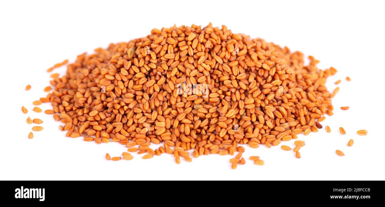 Camelina sativa seeds isolated on white background. Seeds of camelina or false flax. Raw material for the production of camelina oil Stock Photo