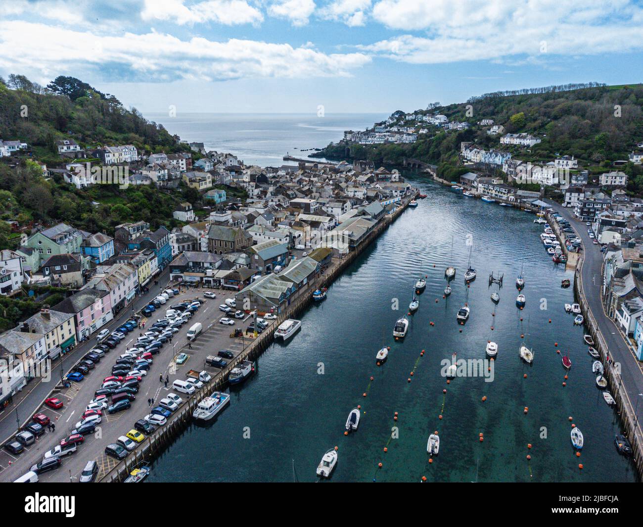 Aerial view over Looe, Cornish fishing town and popular Holiday destination, Cornwall, England, United Kingdom Stock Photo