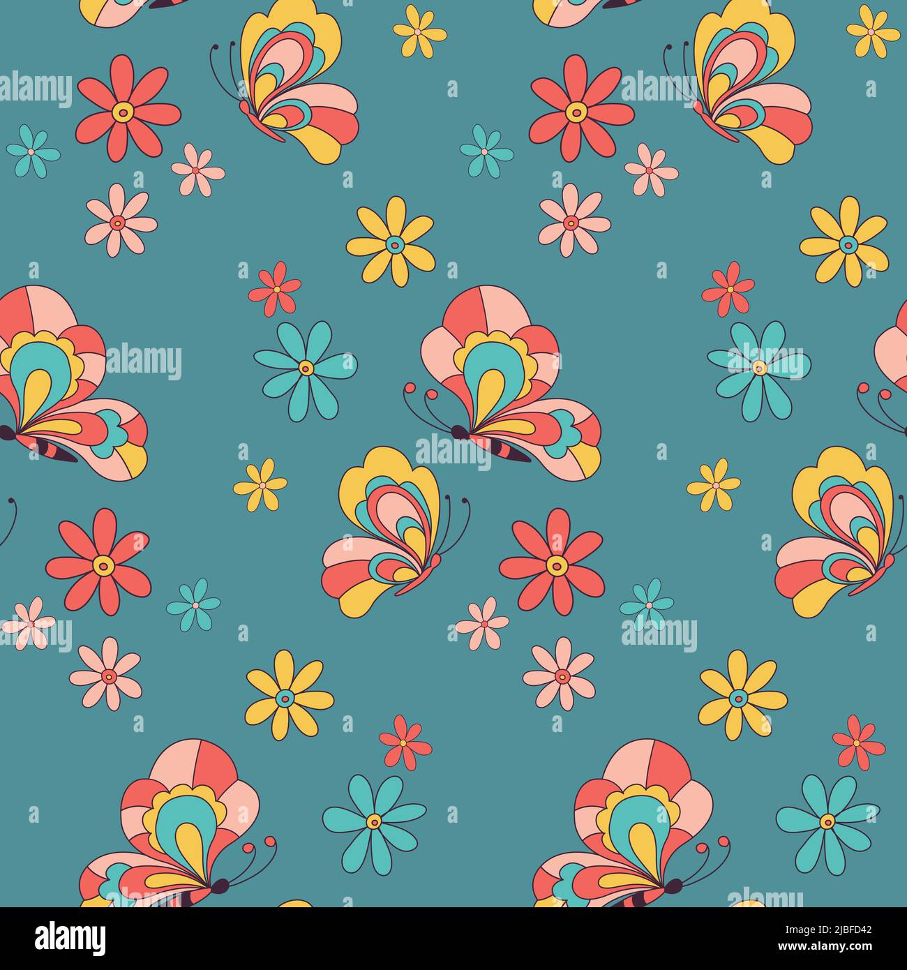 Retro 70s 60s Floral Hippie Summer Groovy Butterfly Flower Power Flower ...