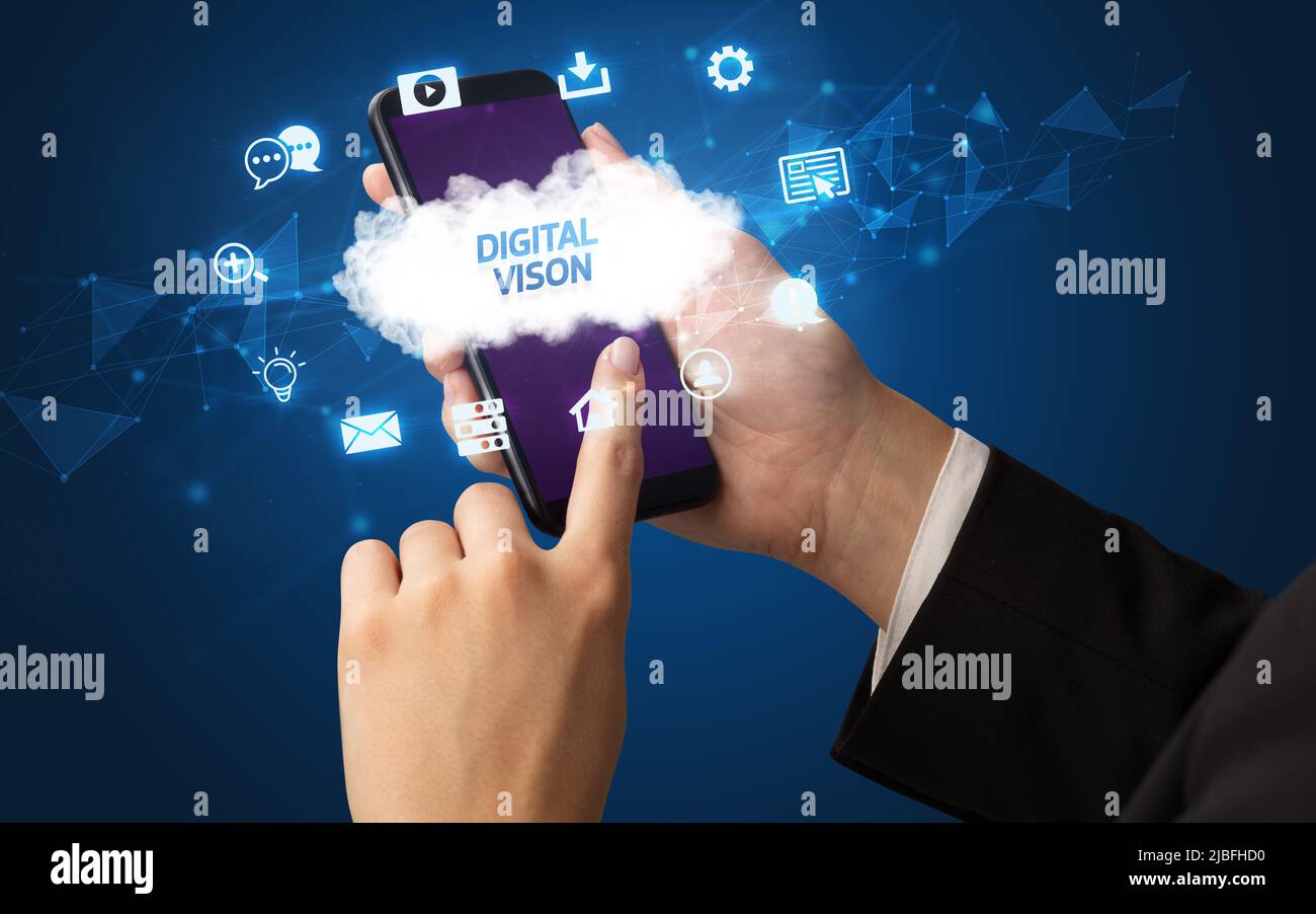 Hand using smartphone with cloud technology concept Stock Photo - Alamy