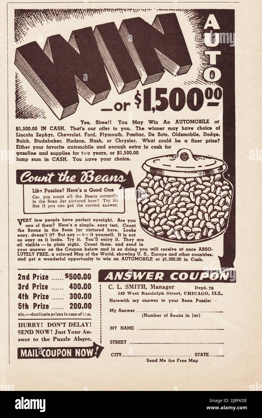 A suspicious ad from a 1939 music magazine asking people to count the beans in a jar. They're offering  a car,  cash and some free stuff and apparently, not selling anything. What's the catch??? Stock Photo